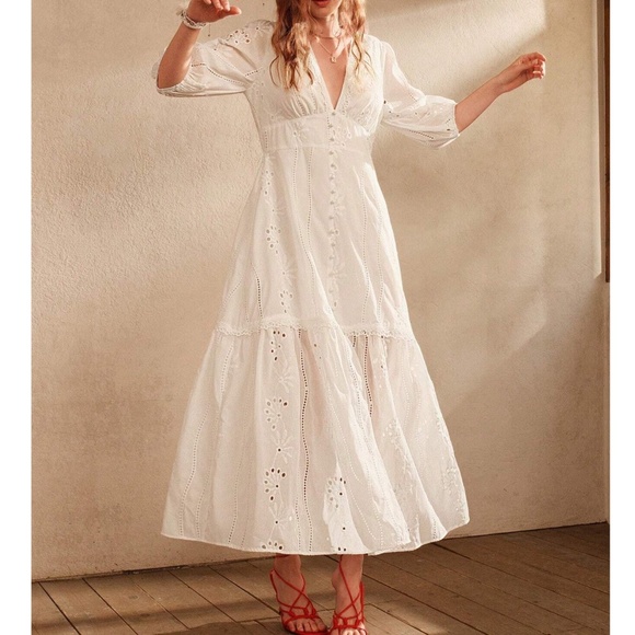 Boho White Eyelet Button 1/2 Sleeve Maxi Dress - Picture 2 of 5